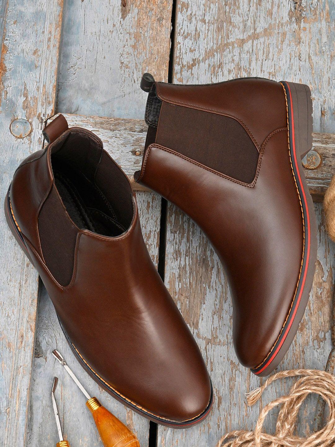 blammo men brown solid mid-top chelsea boots