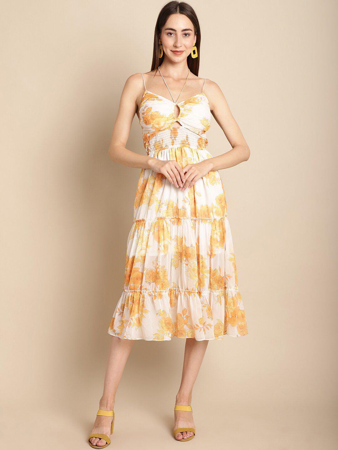 blanc9 floral printed shoulder straps smocked & cut out chiffon fit & flare midi dress