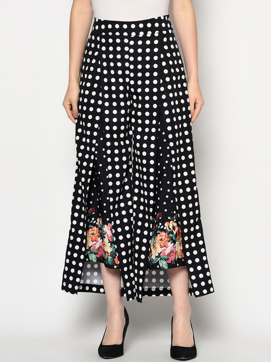 blanc9 women black & off-white polka dot printed layered parallel trousers