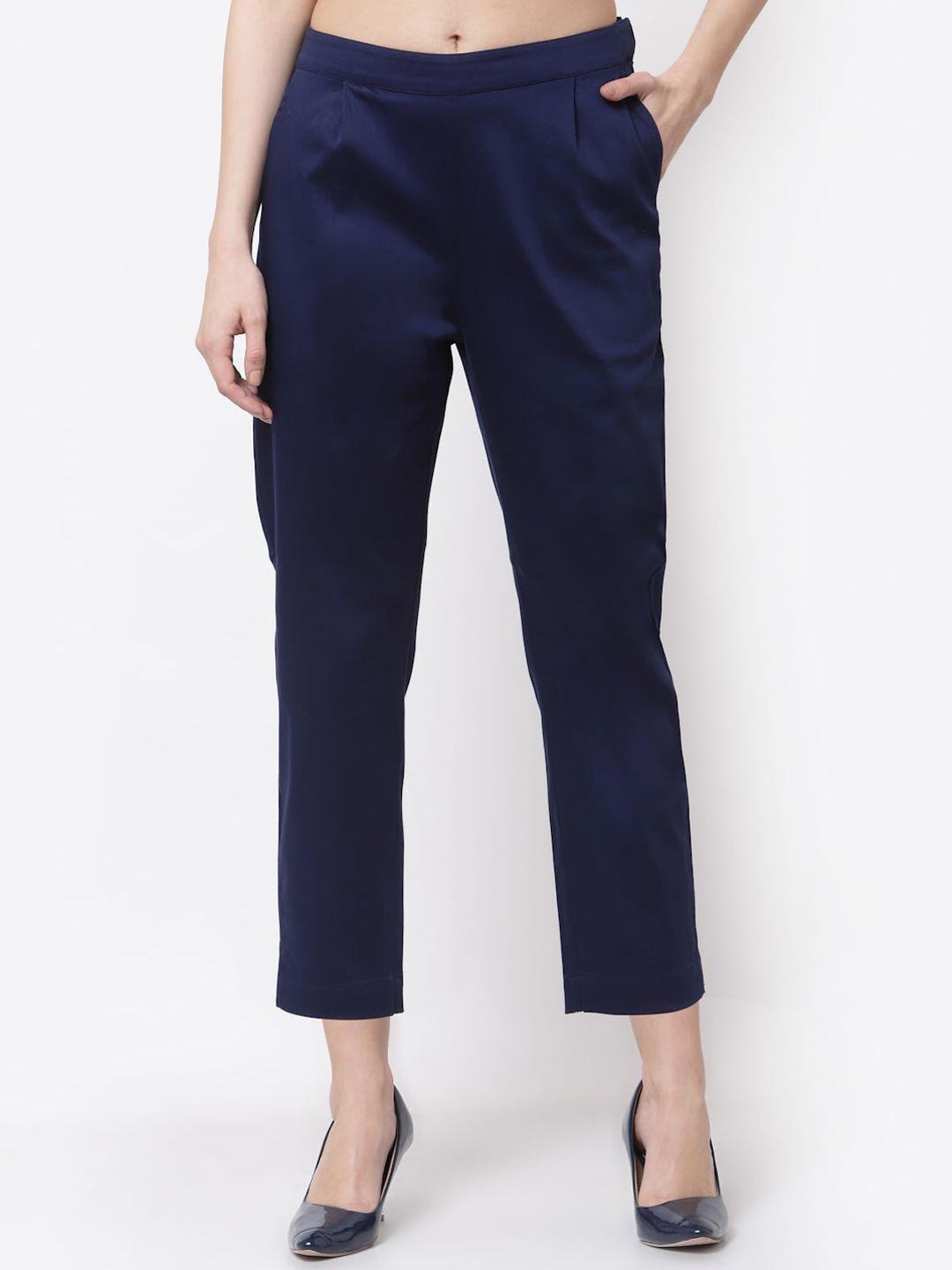 blanc9 women blue relaxed straight leg straight fit pleated cropped trousers