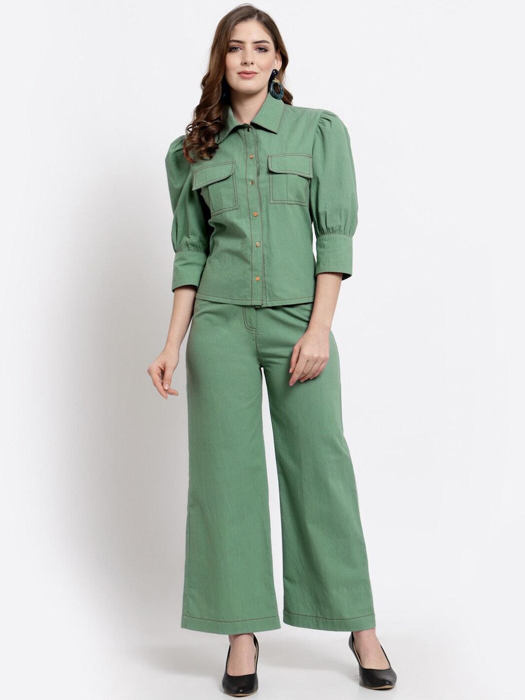 blanc9 women green mid-rise regular fit trousers