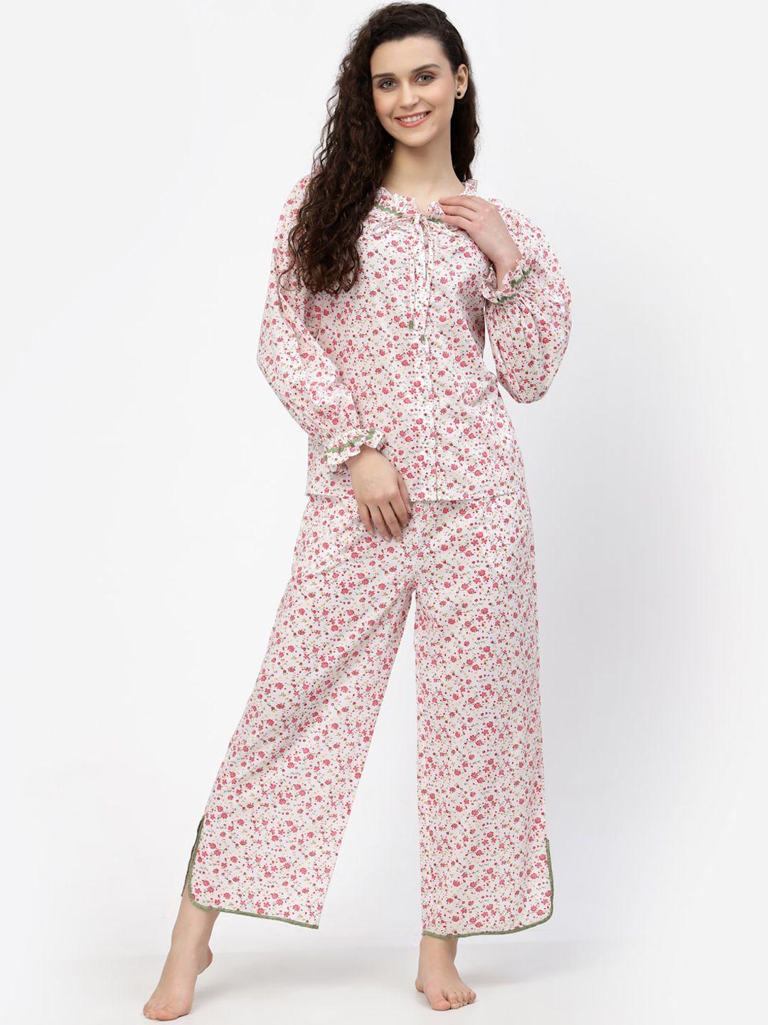 blanc9 women white & pink printed pure cotton night suit