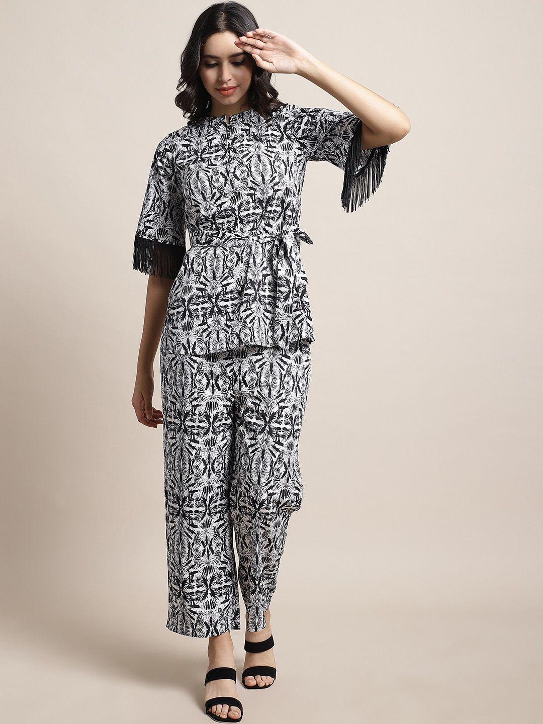 blanc9 abstract printed mandarin collar fringed sleeve top with trousers