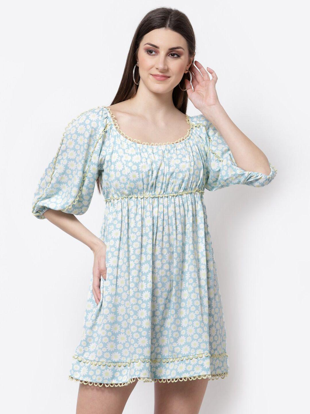 blanc9 blue & yellow floral crepe empire mini dress