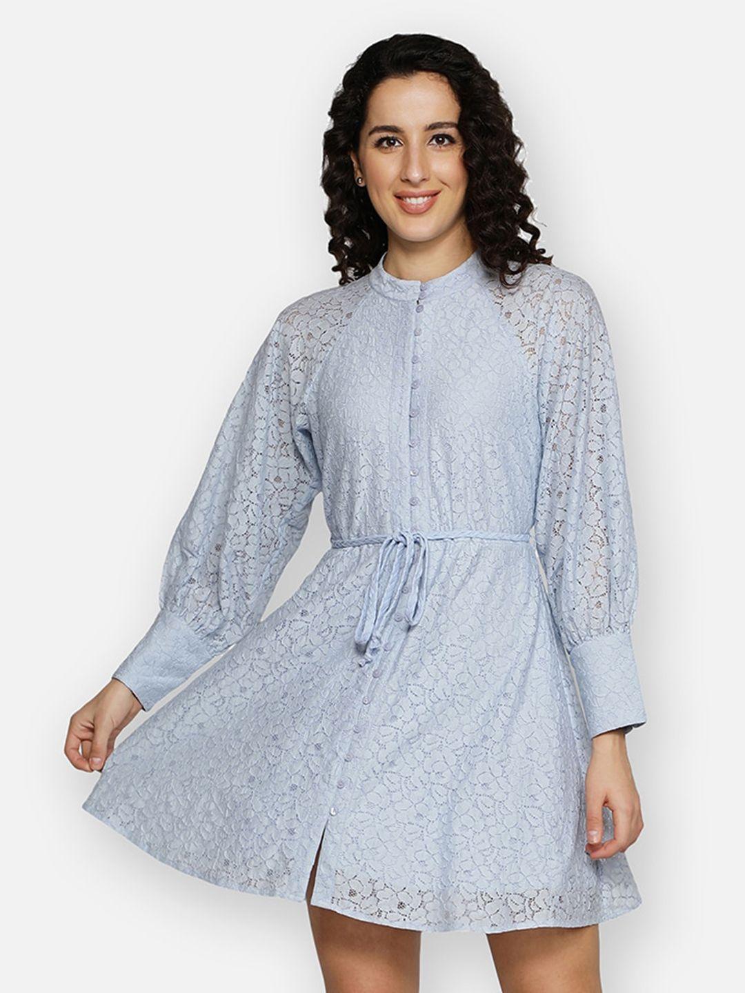 blanc9 blue raglan sleeves lace a-line dress