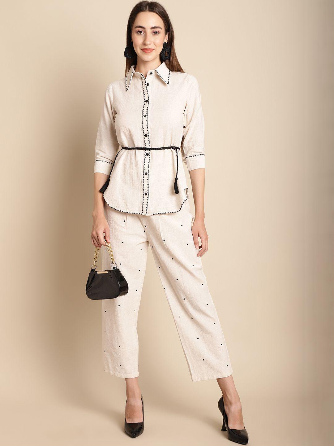 blanc9 embroidered shirt collar tie up shirt with trousers