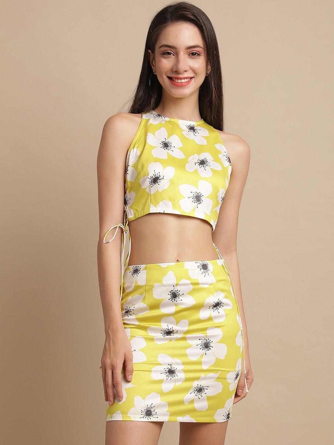 blanc9 floral printed tie-up crop top & fitted mini skirt