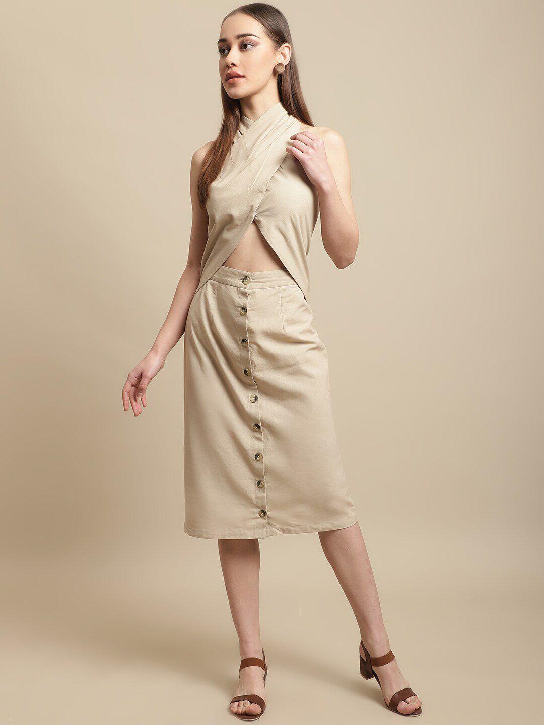 blanc9 halter neck layered a-line midi cotton dress