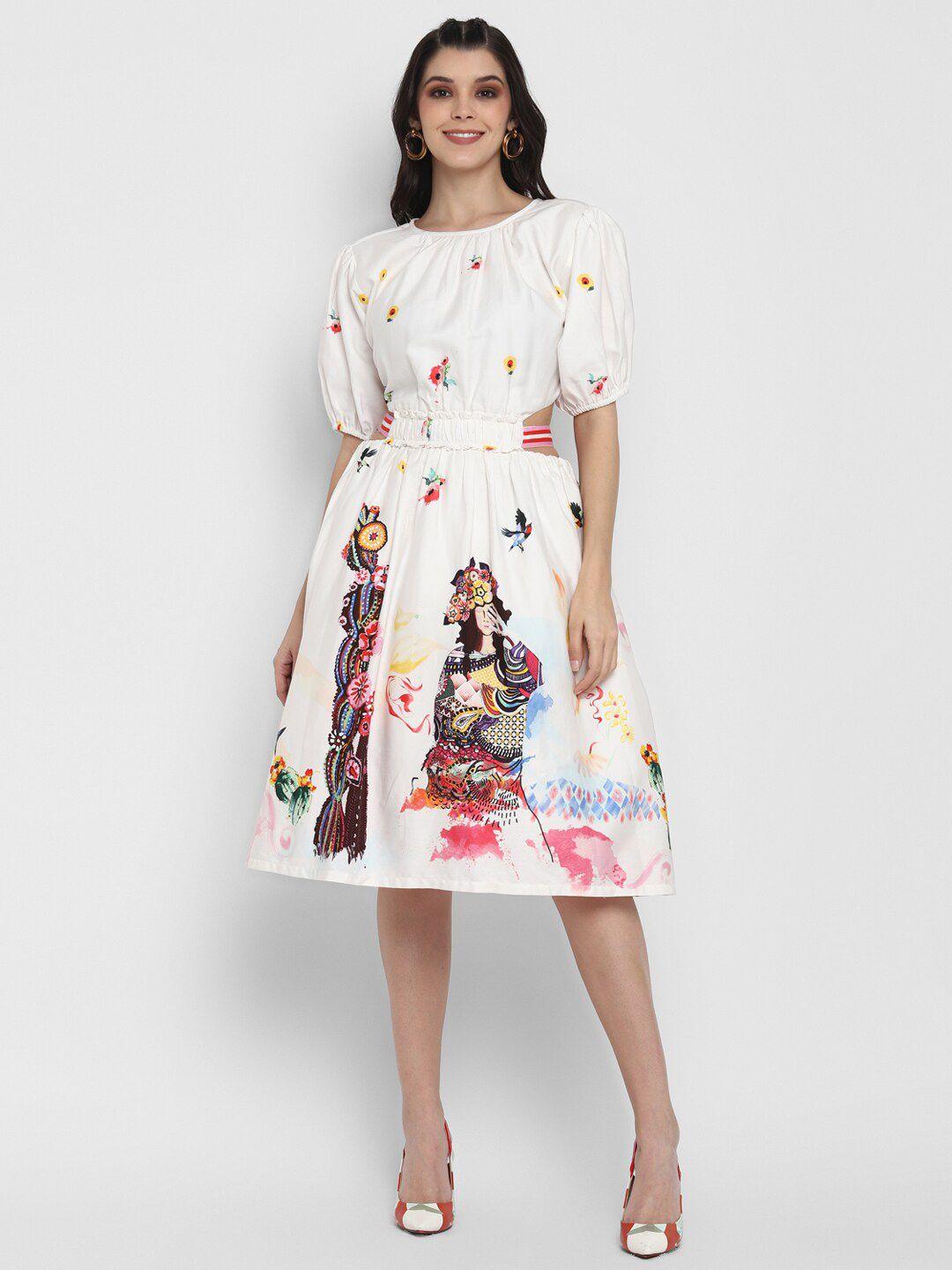 blanc9 printed round neck fit and flare cotton dress