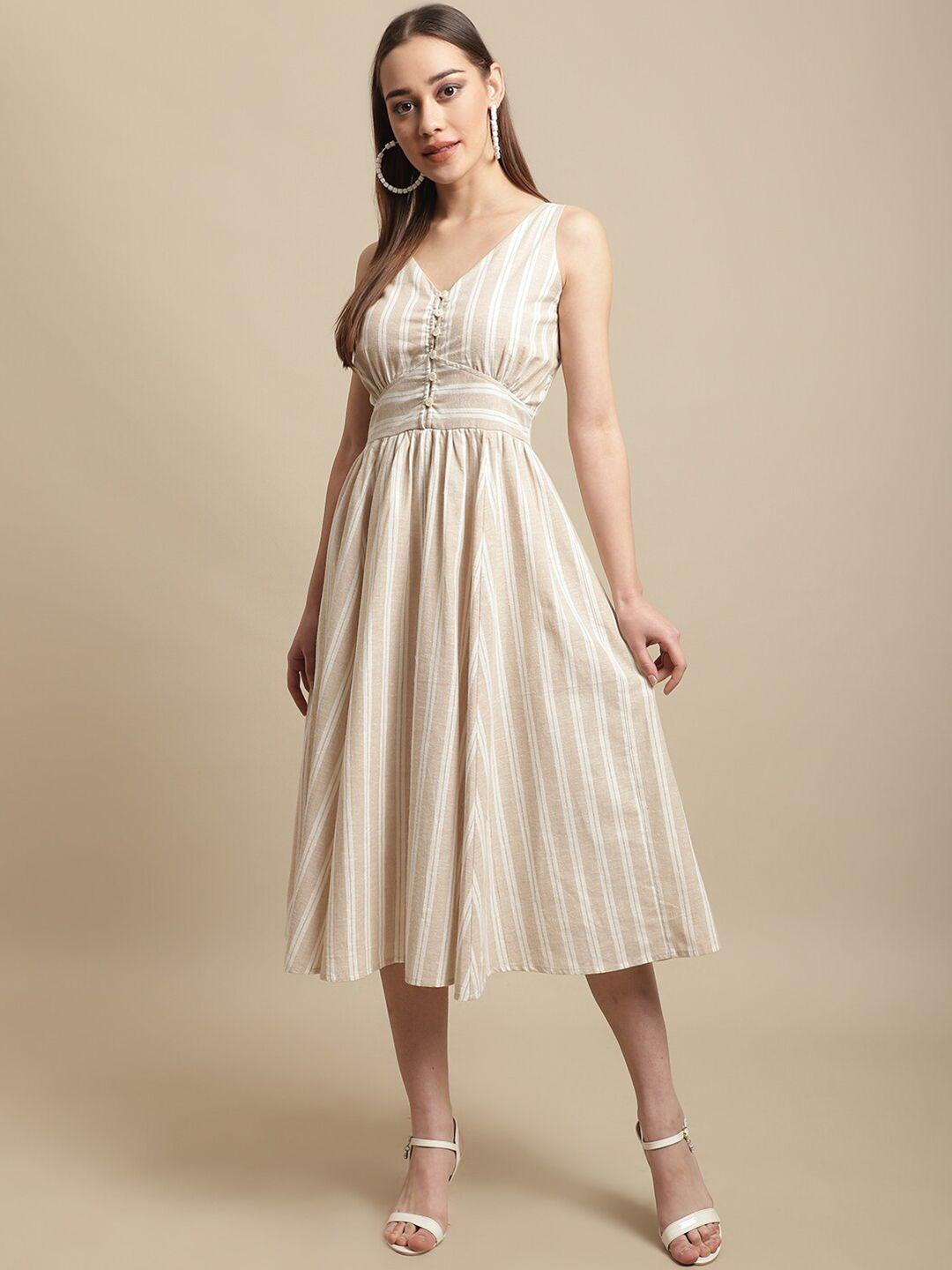 blanc9 striped v-neck midi cotton dress