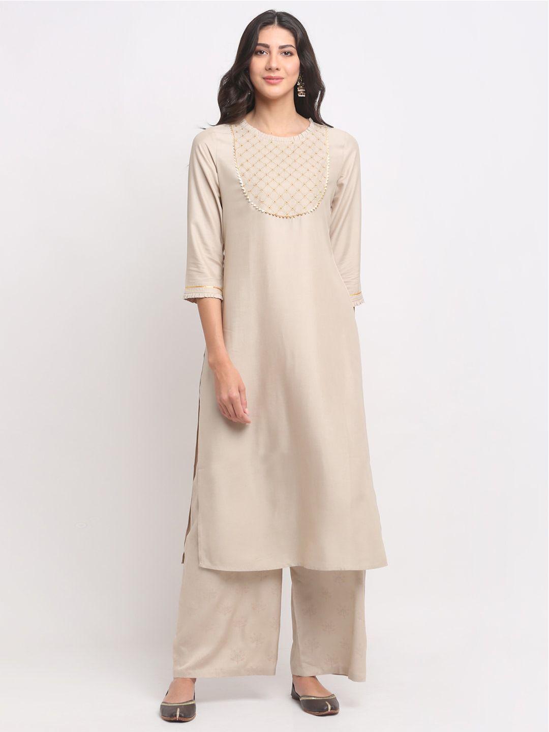 blanc9 women beige embroidered gotta patti kurta