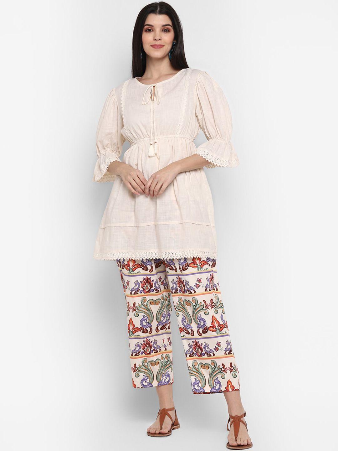 blanc9 women beige printed pleated pure cotton kurti with trousers