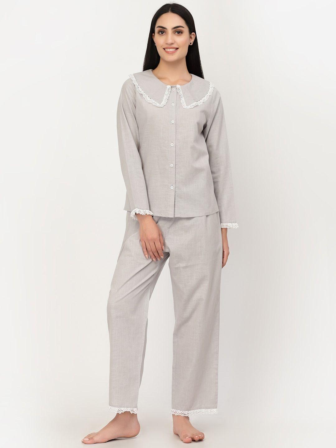 blanc9 women grey & white solid pure cotton night suit