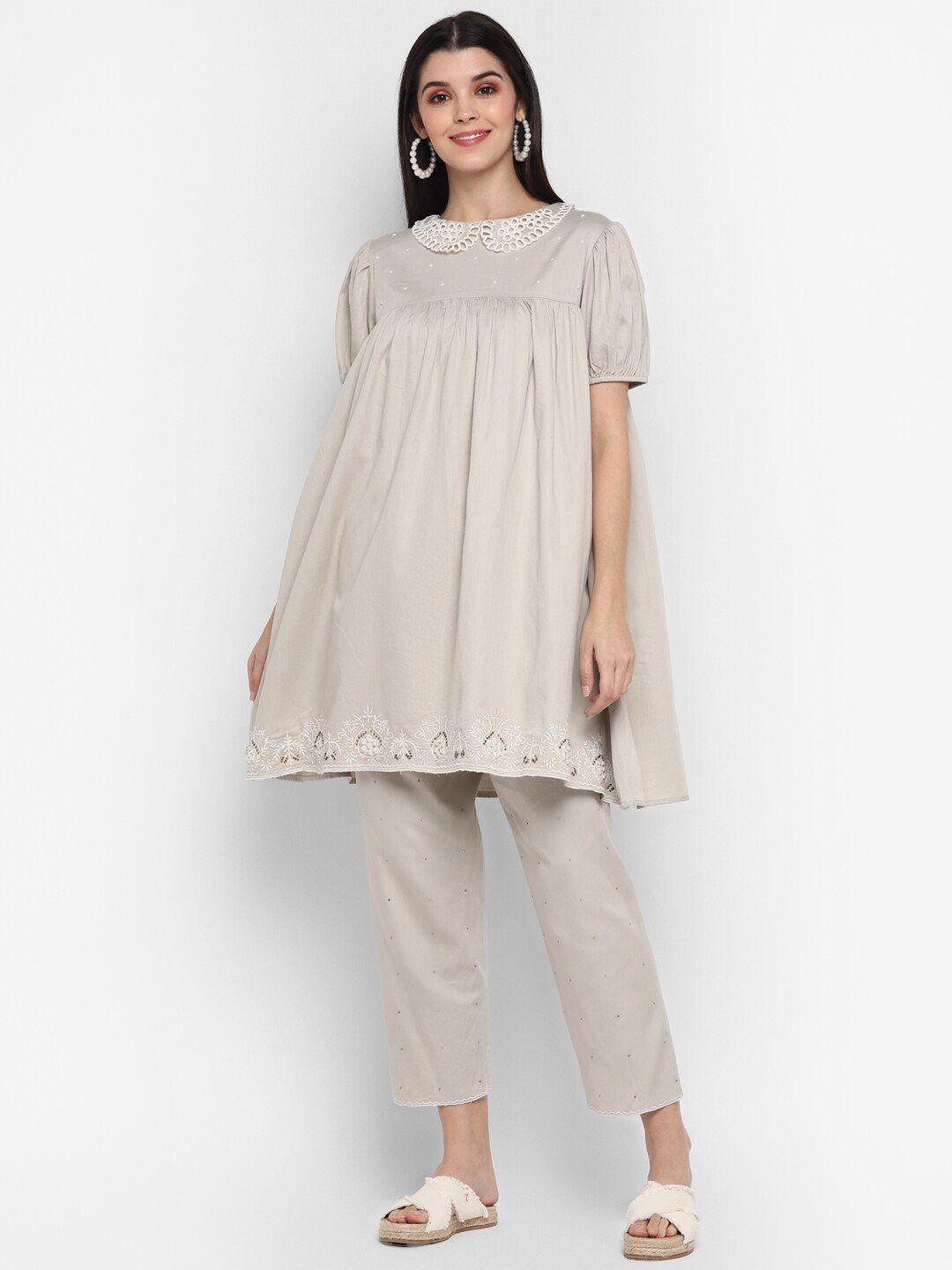 blanc9 women grey embroidered panelled pure cotton kurta with trousers