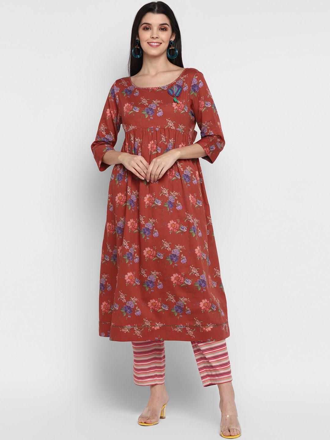blanc9 women maroon floral printed pleated pure cotton kurta with palazzos