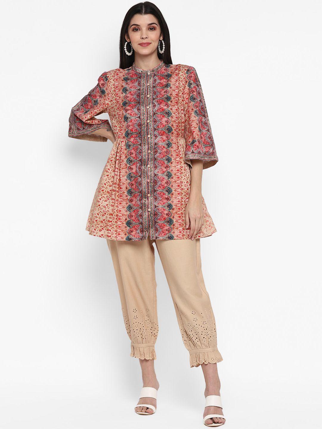 blanc9 women multicoloured ethnic motifs printed pleated pure cotton kurta with trousers