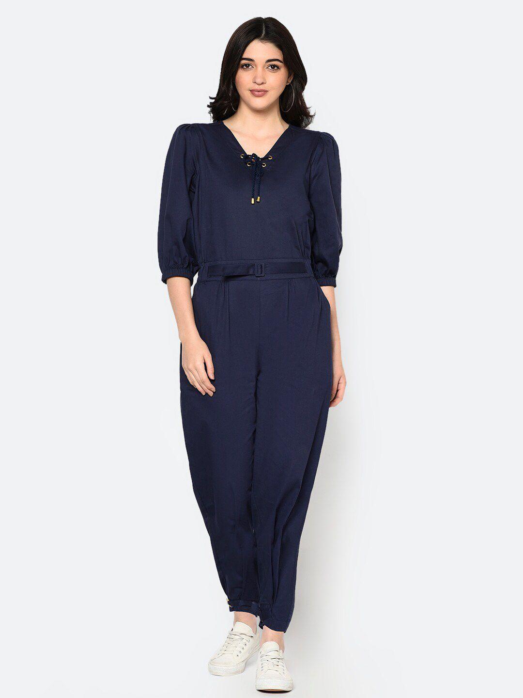 blanc9 women navy blue cotton solid  basic jumpsuit