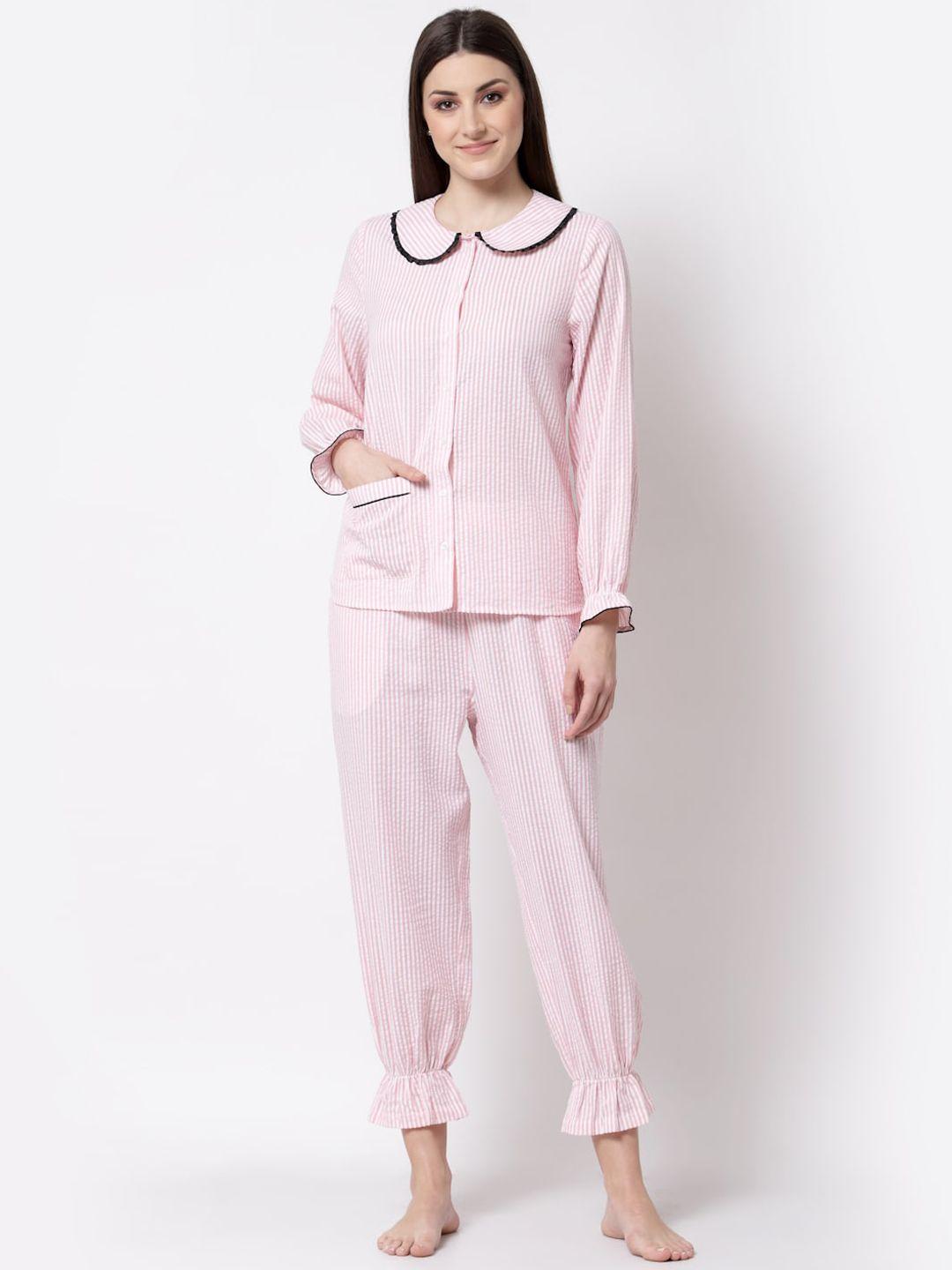 blanc9 women peach-coloured & white cotton striped night suit b9nw36