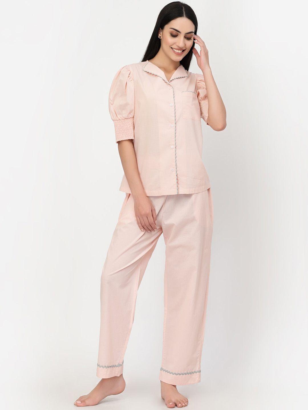 blanc9 women peach solid pure cotton night suit