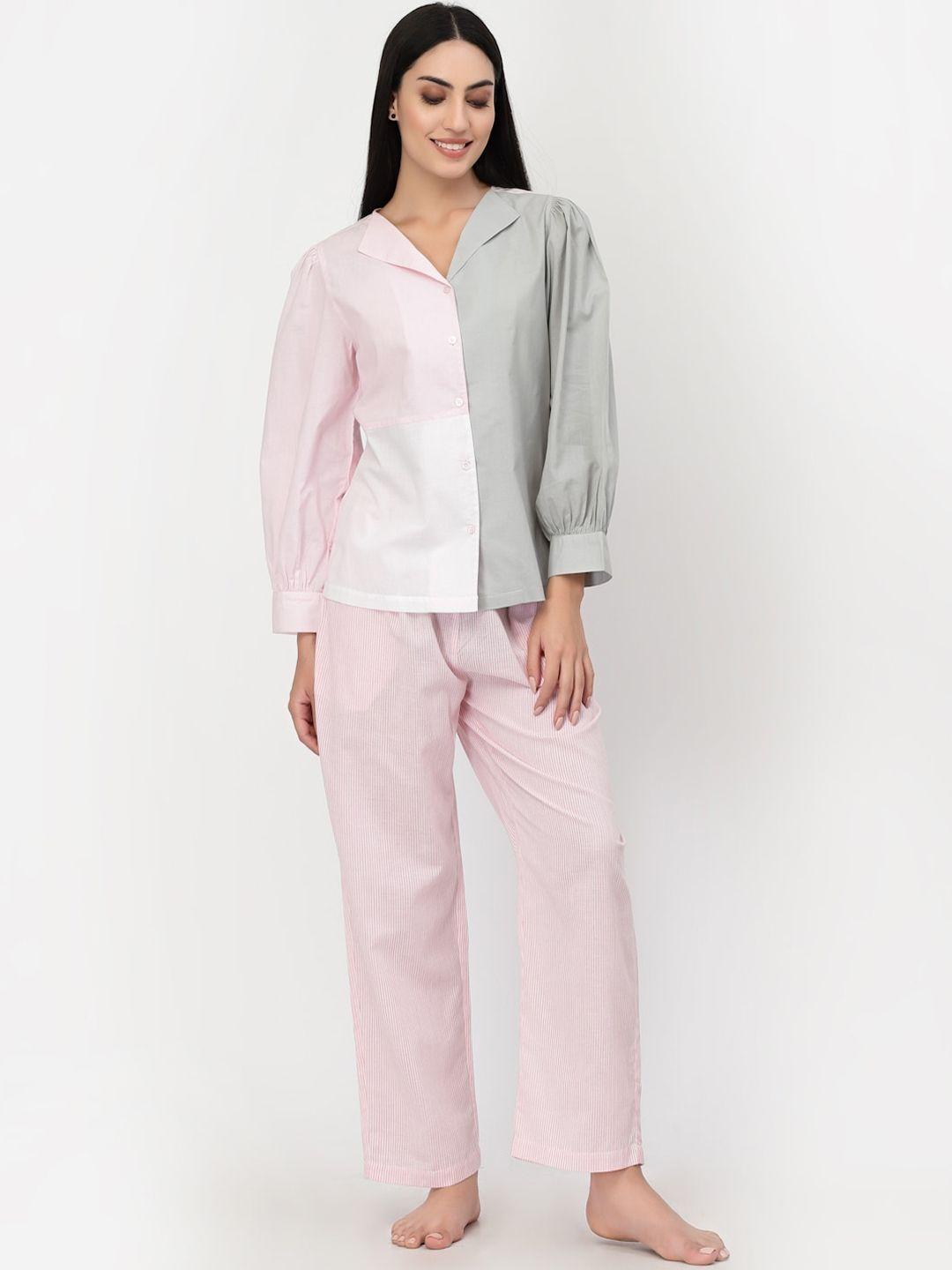 blanc9 women pink & grey colourblocked pure cotton night suit