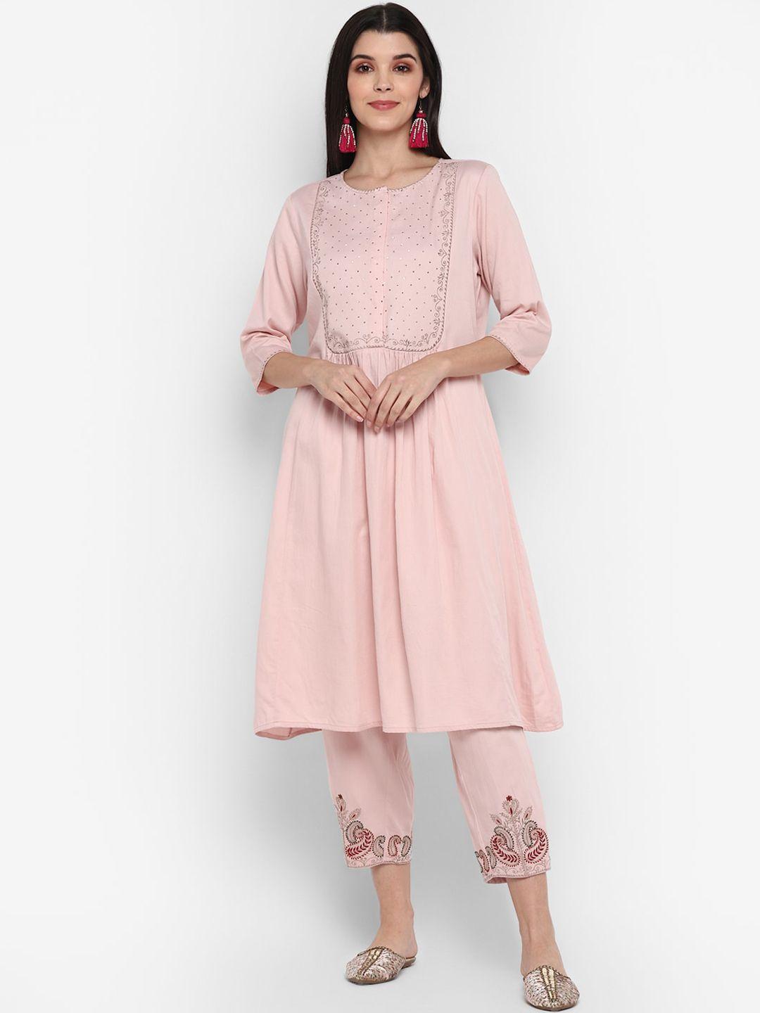 blanc9 women pink yoke design pure cotton kurta with trousers