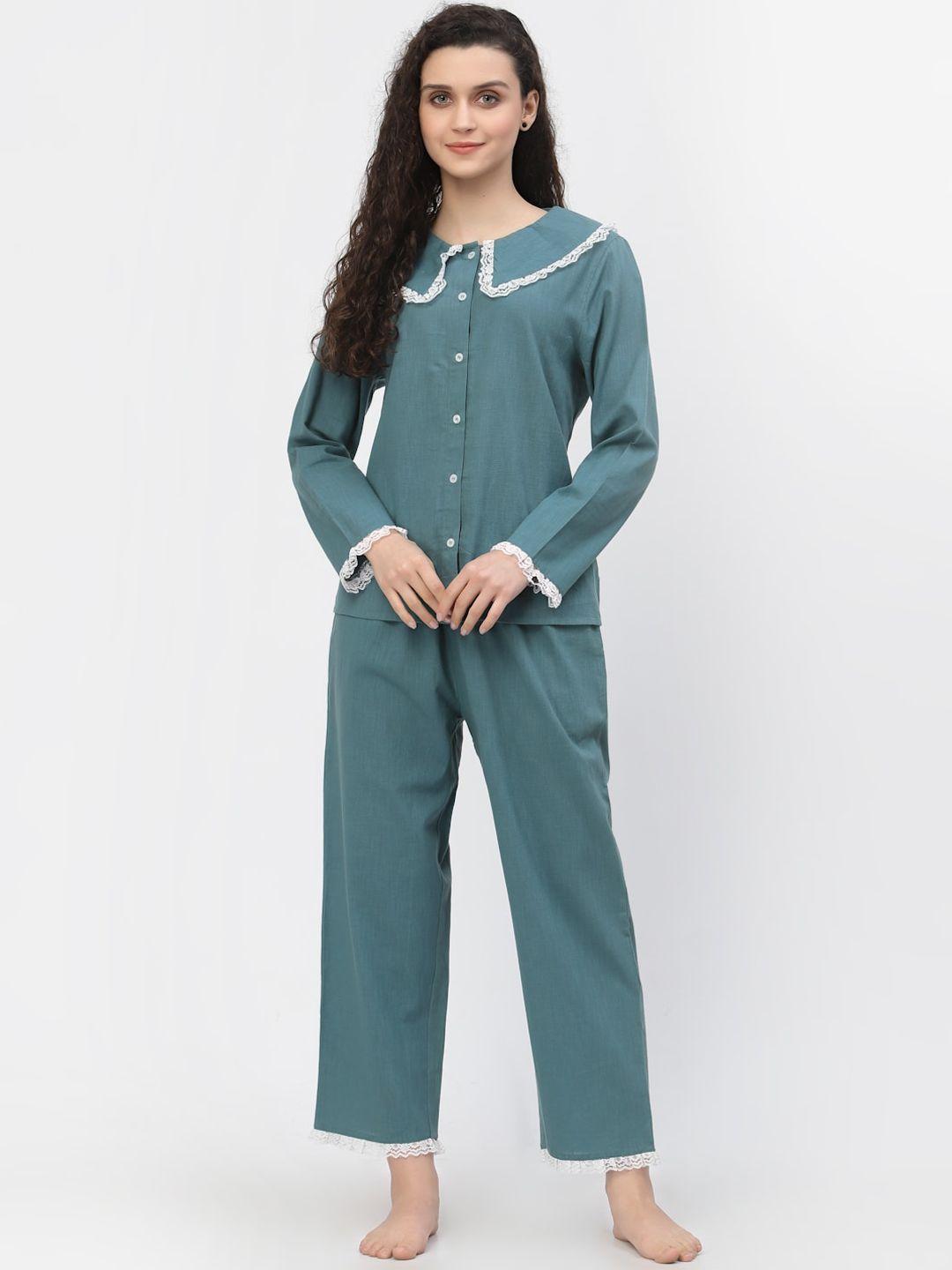 blanc9 women teal & white solid pure cotton night suit