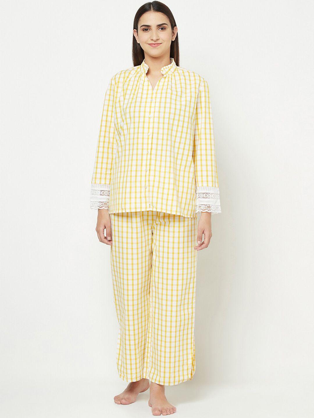 blanc9 women yellow & white pure cotton checked night suit