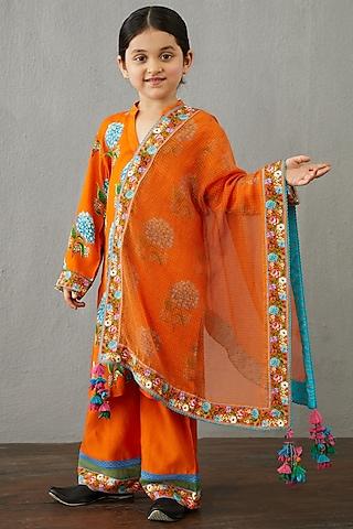 blaze orange chanderi kurta set for girls