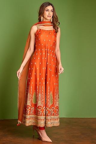 blaze orange machine & hand embroidered anarkali set