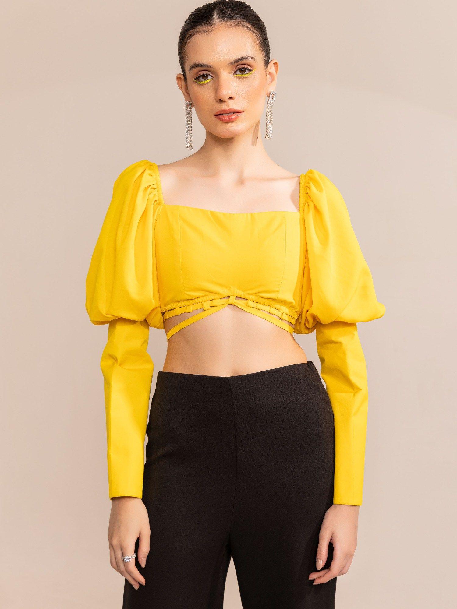 blazing yellow front waist tie up crop top