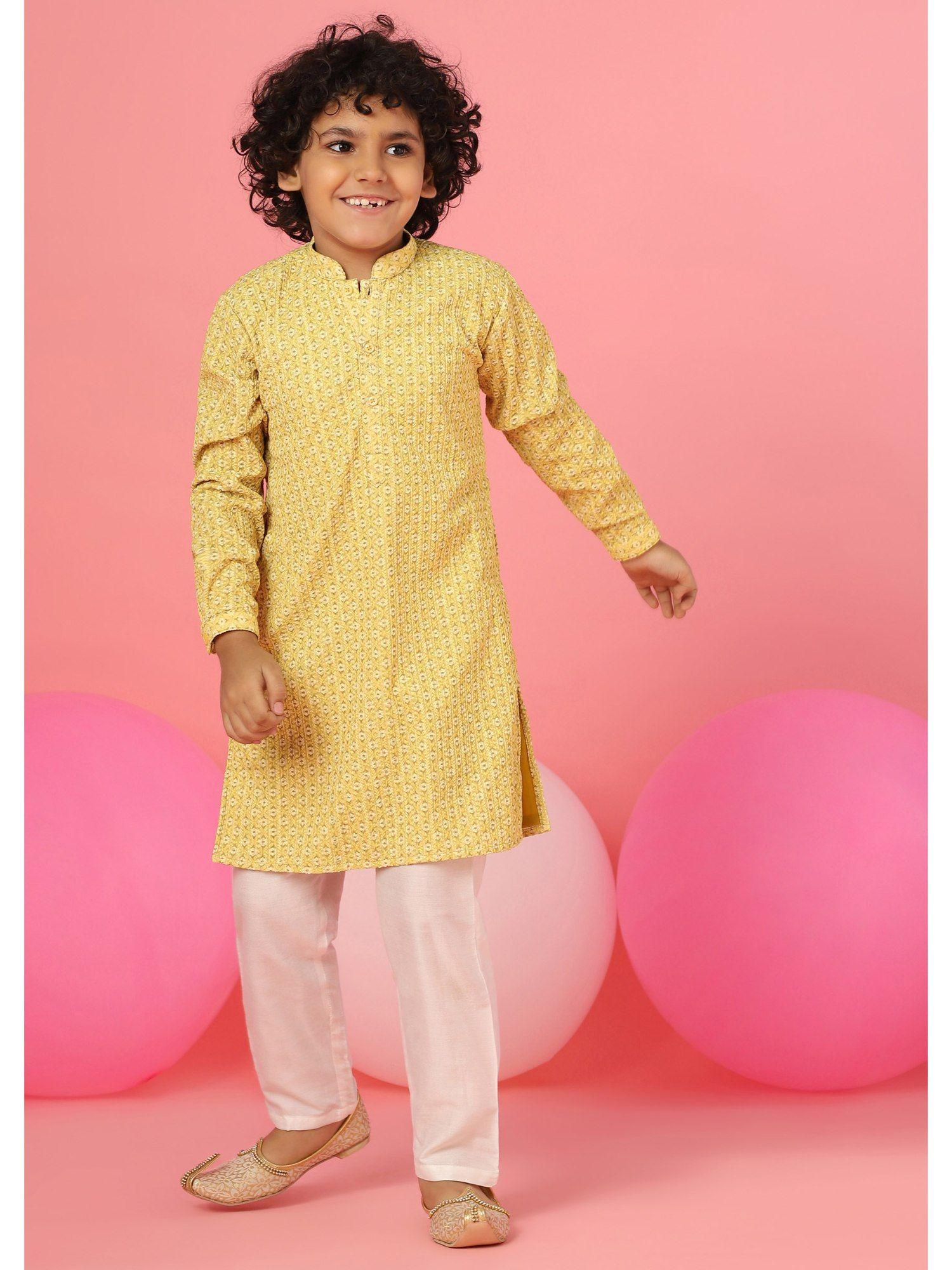 blazing yellow kurta set in silk with threadwork (set of 2)