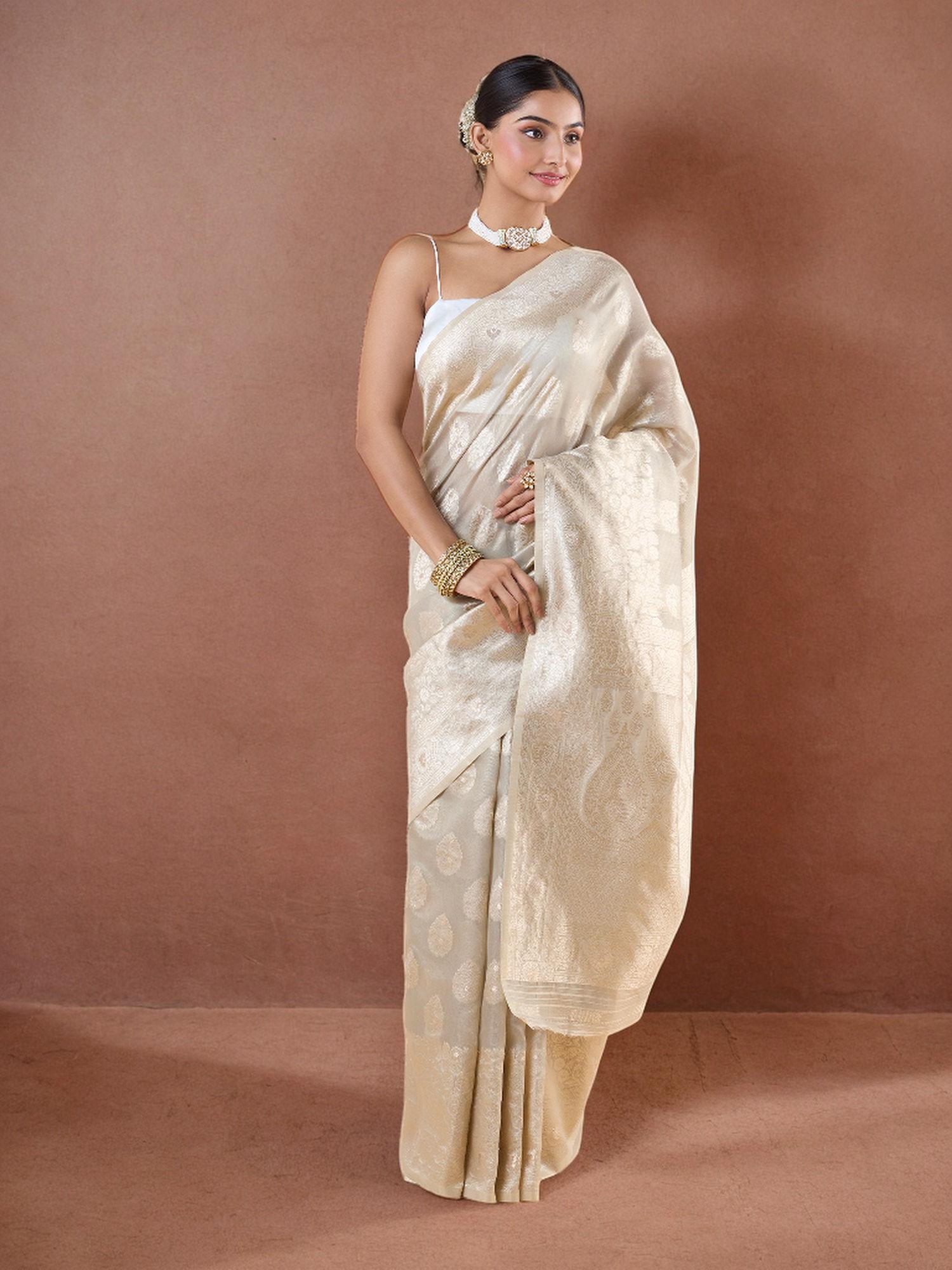 blended fabric woven all over zari floral motif grey saree with unstitched blouse