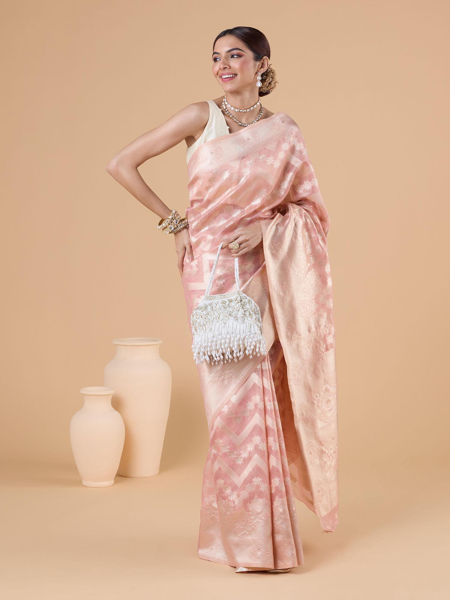 blended fabric woven all over zari floral motif pink saree with unstitched blouse