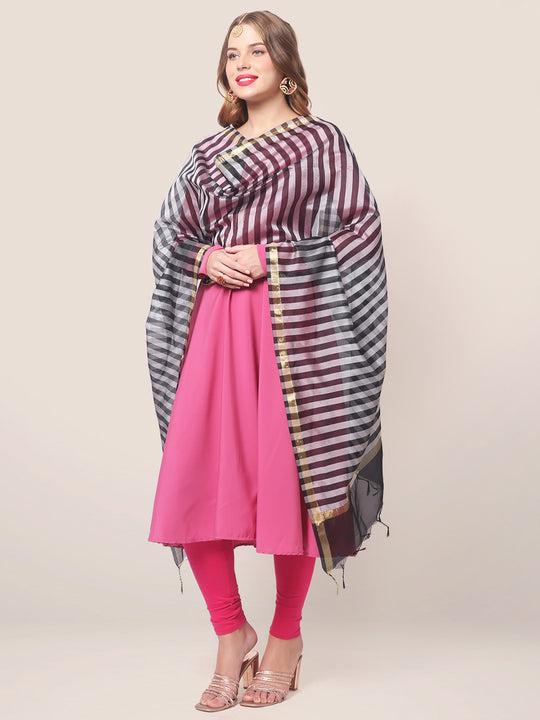 blended silk dupatta with black and silver stripes