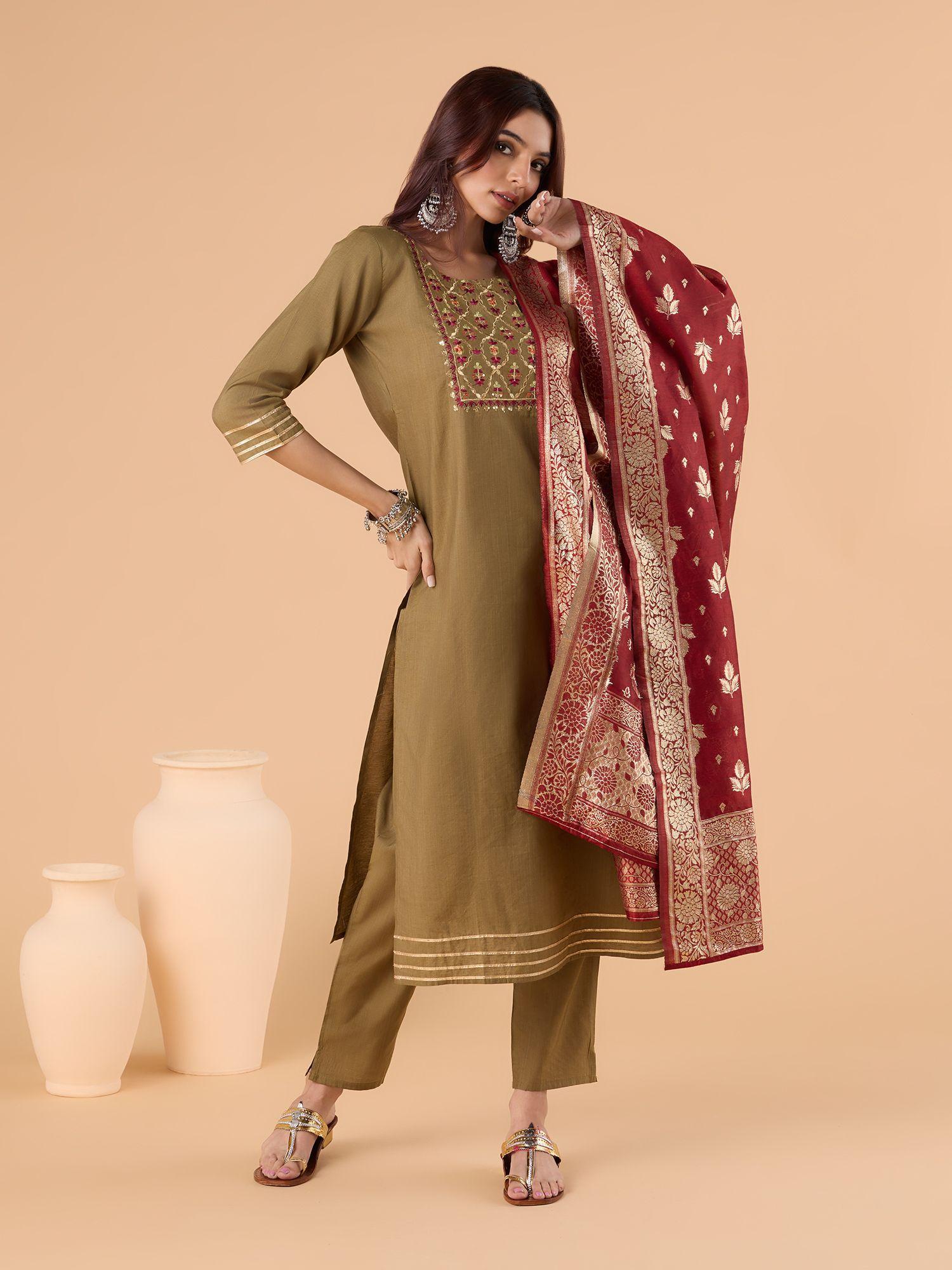 blended silk embroidered olive kurta and pant with brocade dupatta (set of 3)