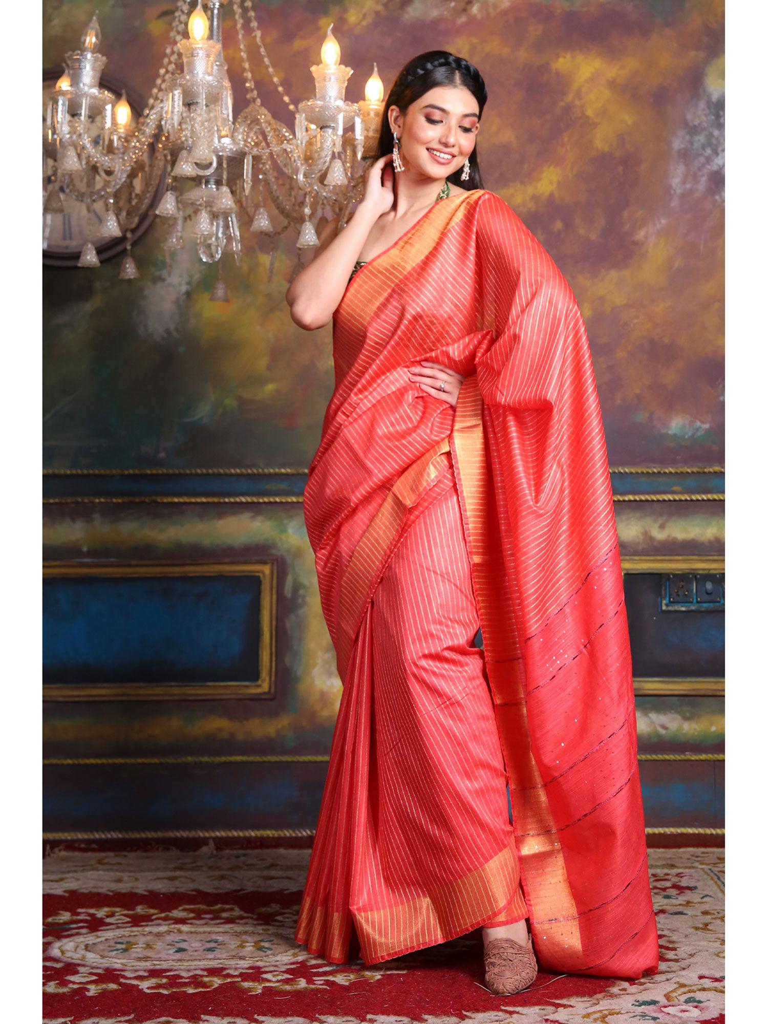 blended silk red soft saree with zari border and unstitched blouse