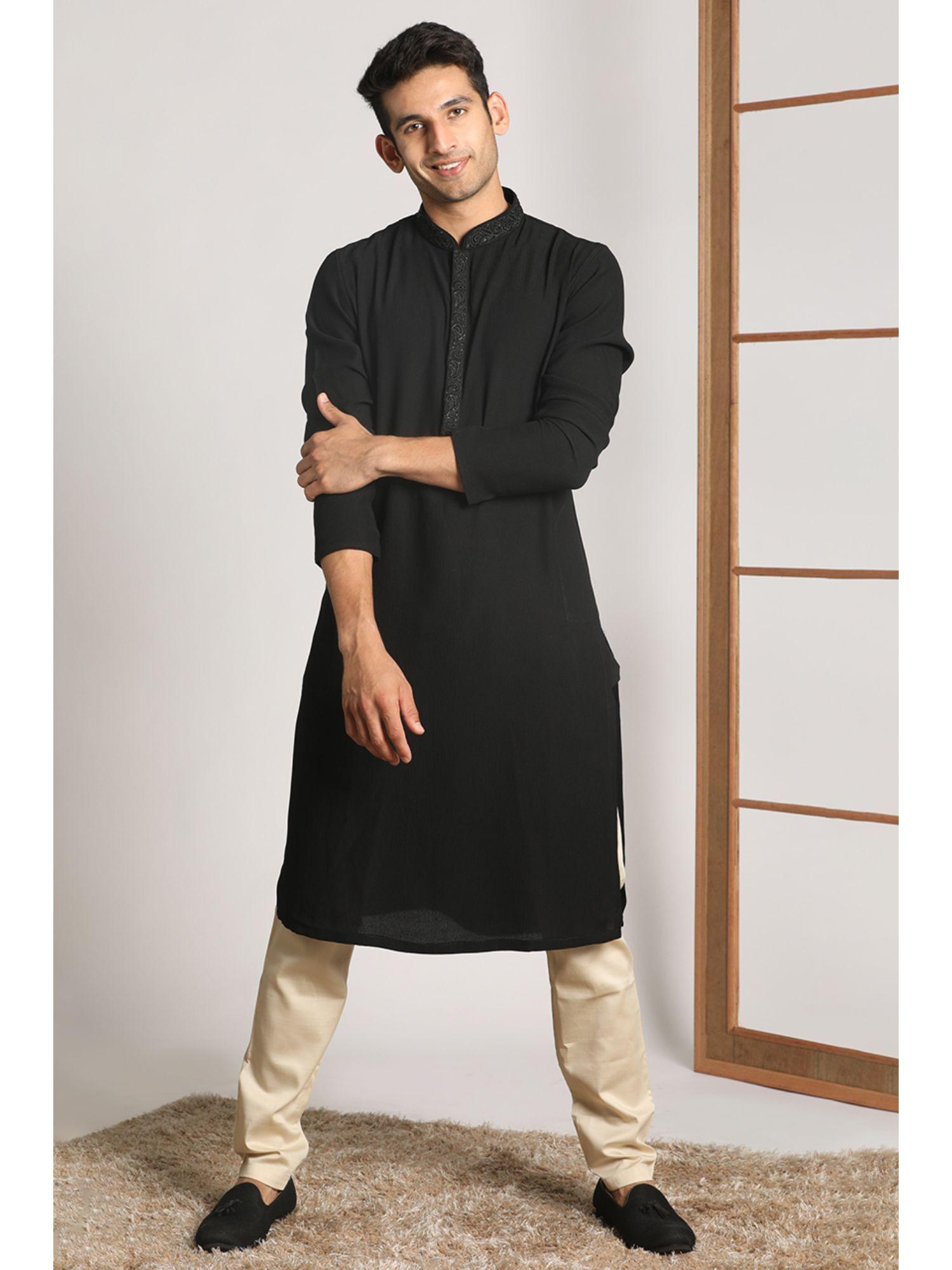 blended viscose black solid mandarin collar kurta with pencil pajama (set of 2)