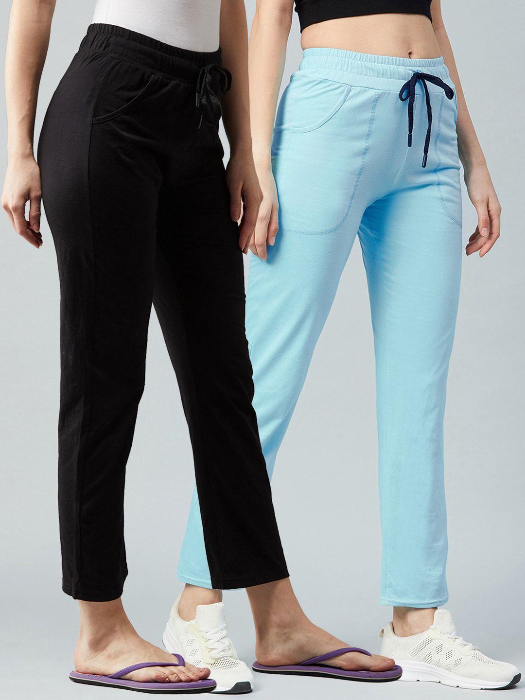 blinkin women pack of 2 blue & black solid relaxed-fit track pants