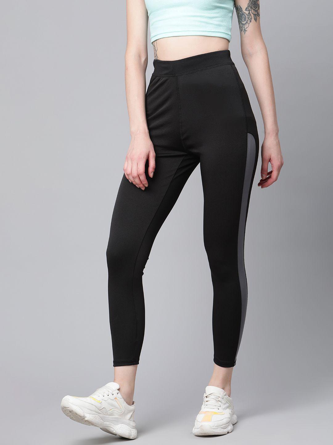 blinkin women black & grey solid crop training tights