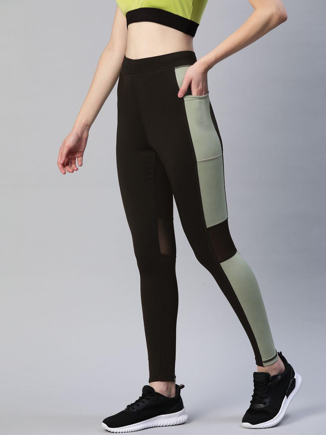 blinkin women black & olive green rapid dry tights with breathable mesh & side panels