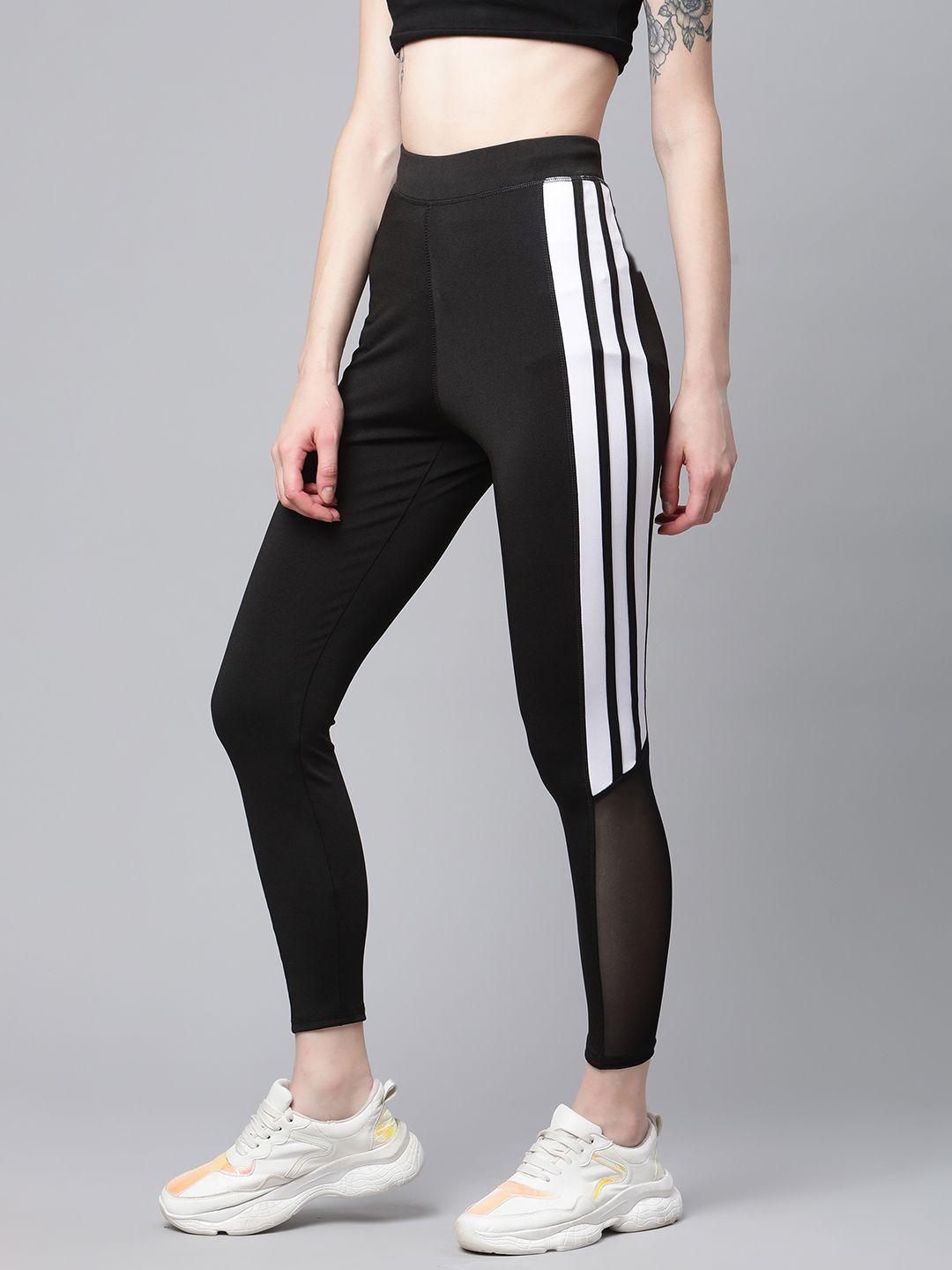 blinkin women black & white solid training tights with mesh inserts detail