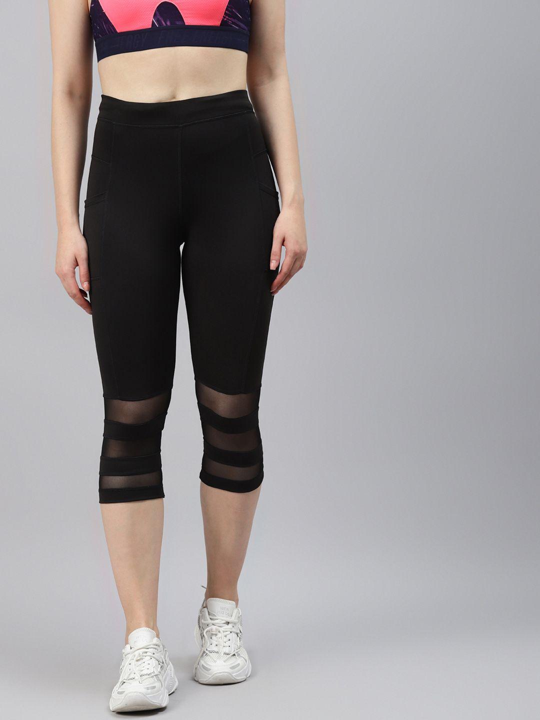 blinkin women black 3/4th high waist training tights with mesh panels & side pockets