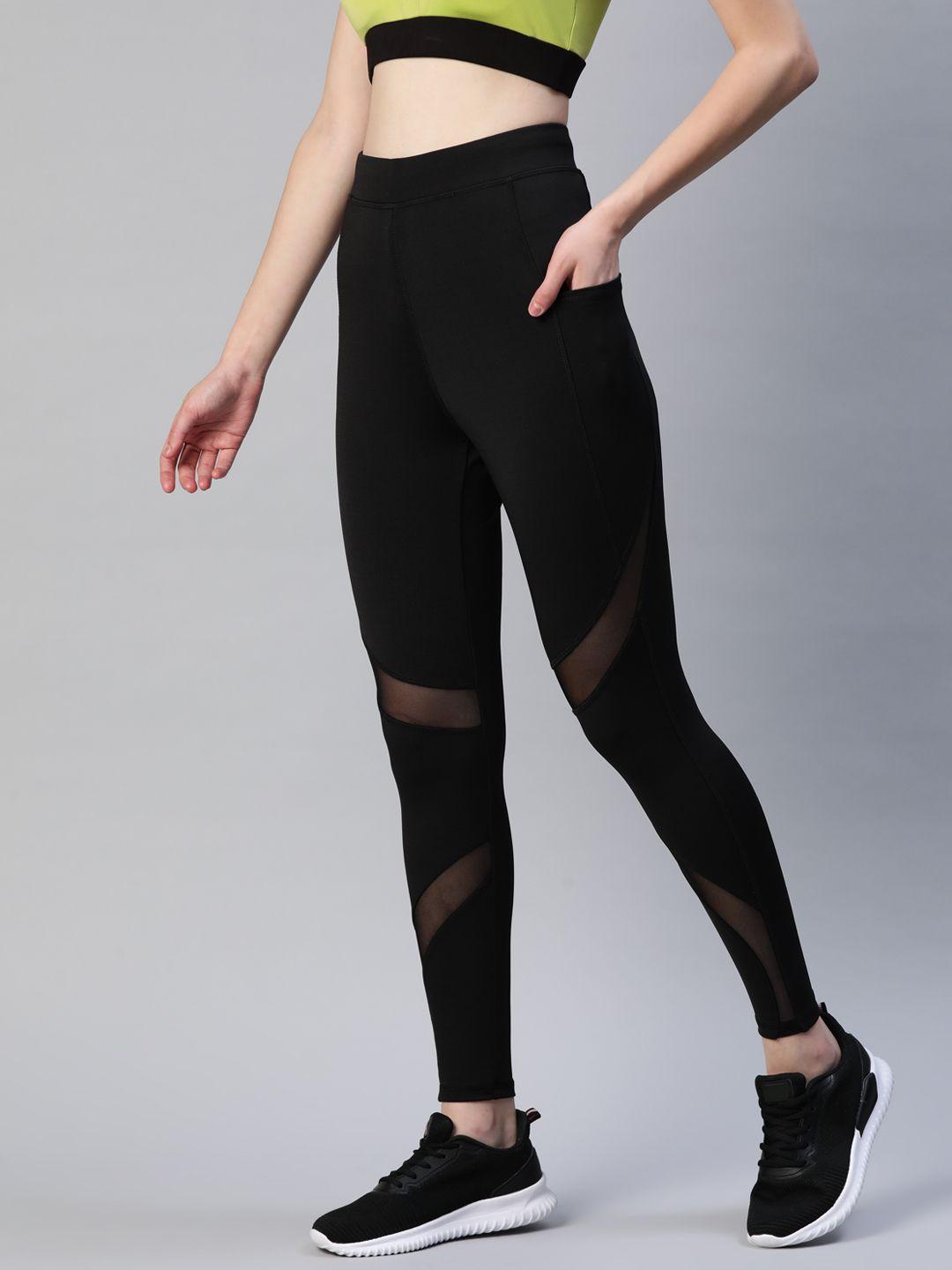 blinkin women black rapid dry tights with breathable mesh panels & side pockets