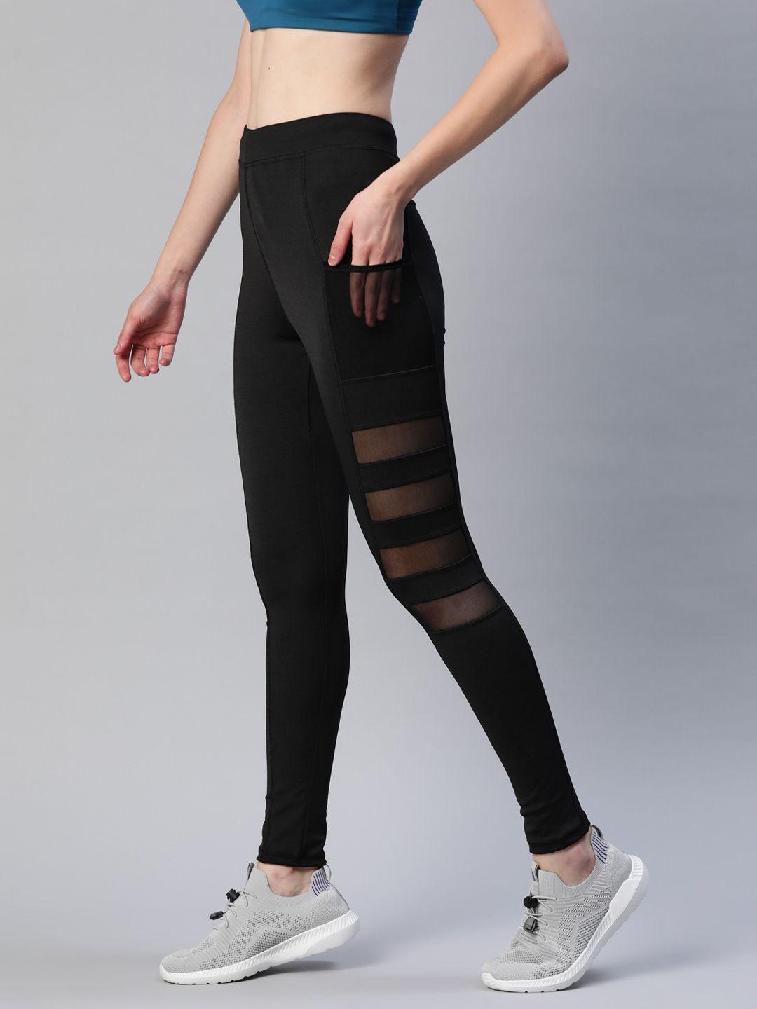 blinkin women black rapid dry tights with breathable mesh panels & side pockets