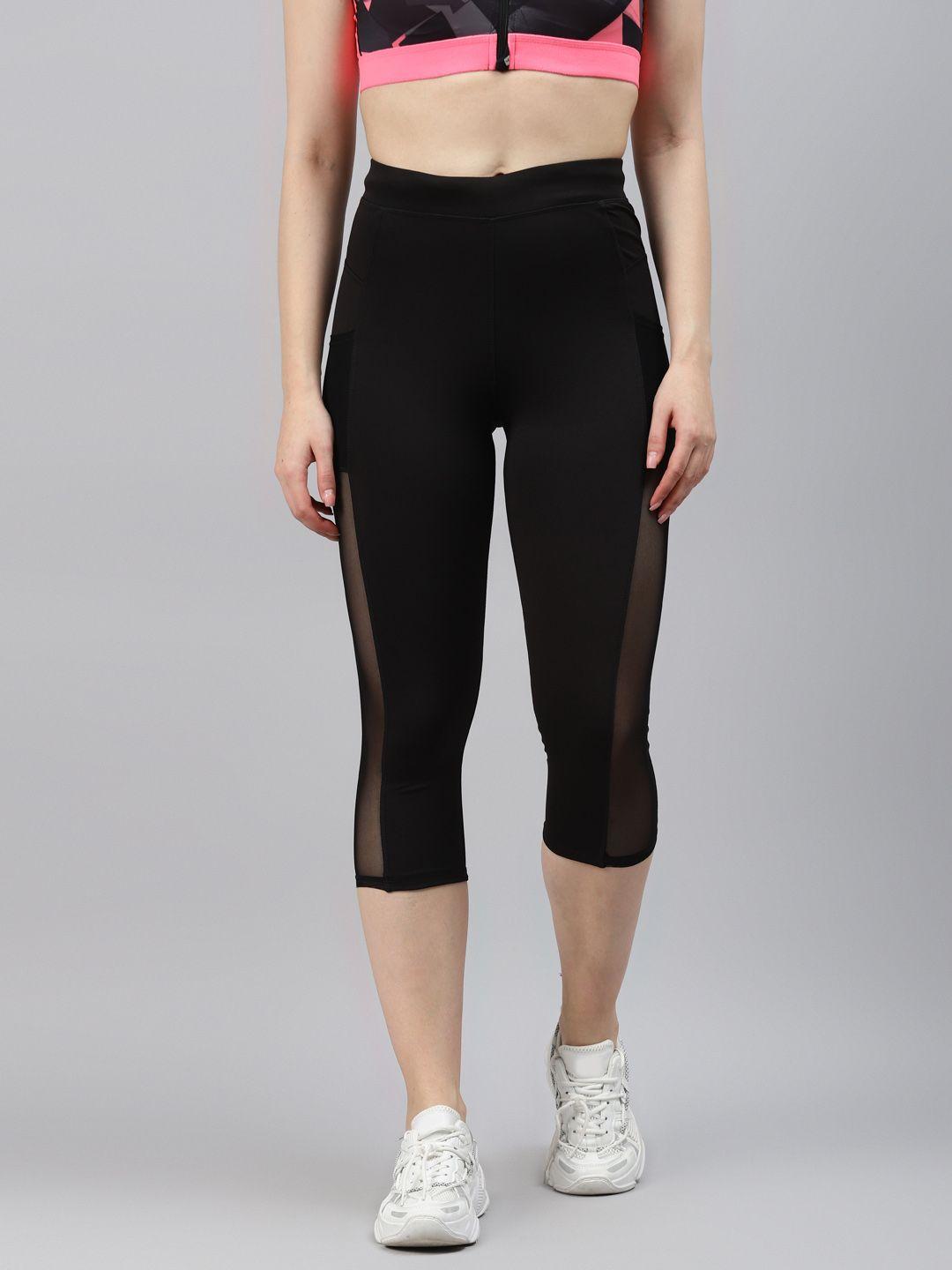 blinkin women black solid mesh paneled 3/4th gym tights