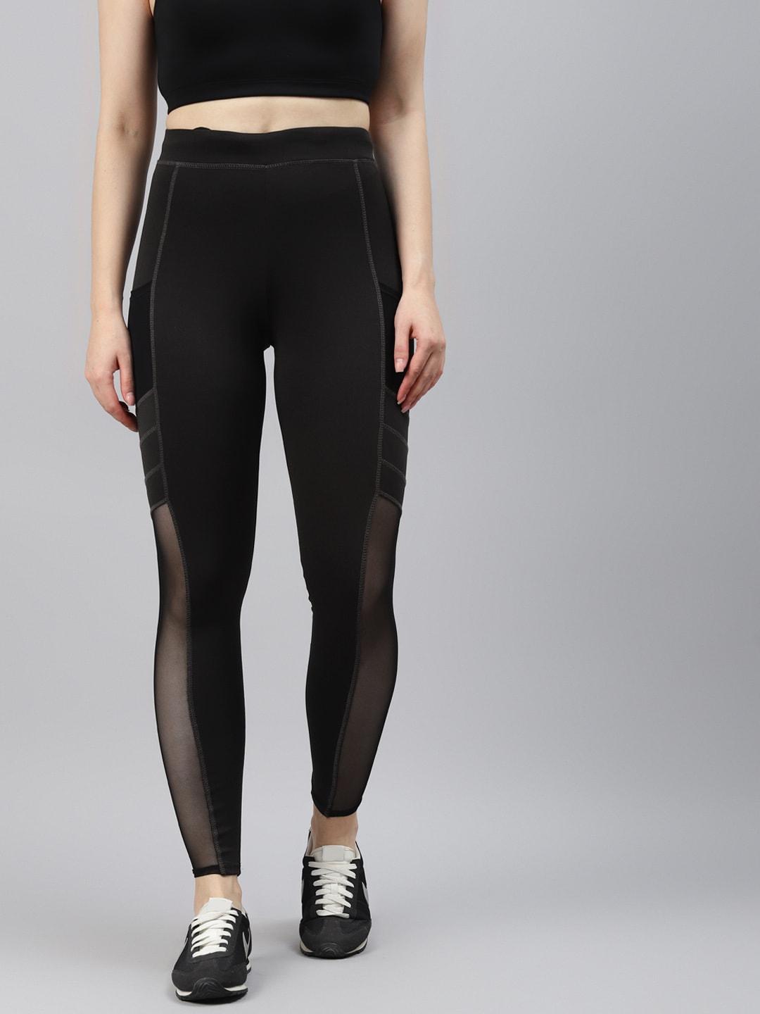 blinkin women black solid mesh paneled gym tights