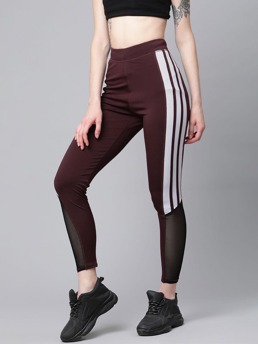 blinkin women burgundy & white high-rise side striped gym tights