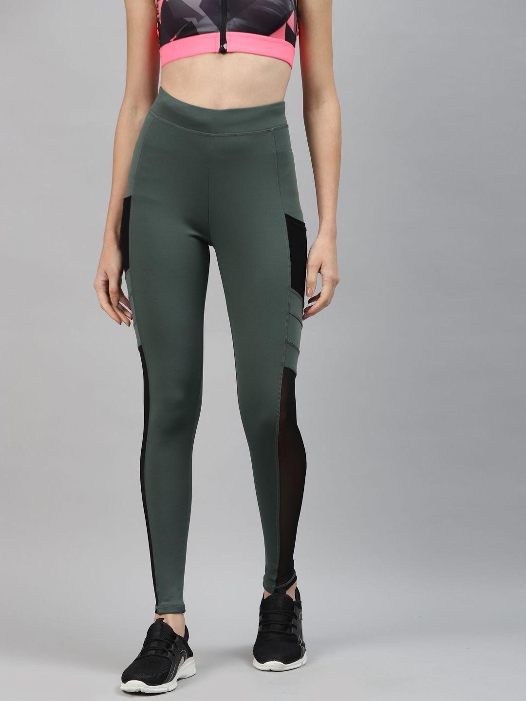 blinkin women green solid mesh inserts semi-sheer drytech+ gym tights