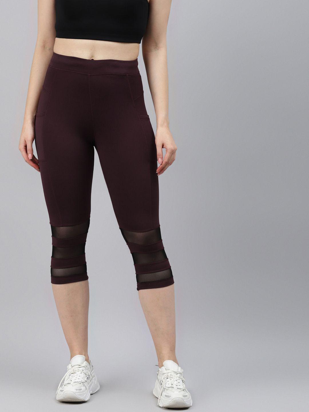 blinkin women maroon solid mesh paneled 3/4th gym tights