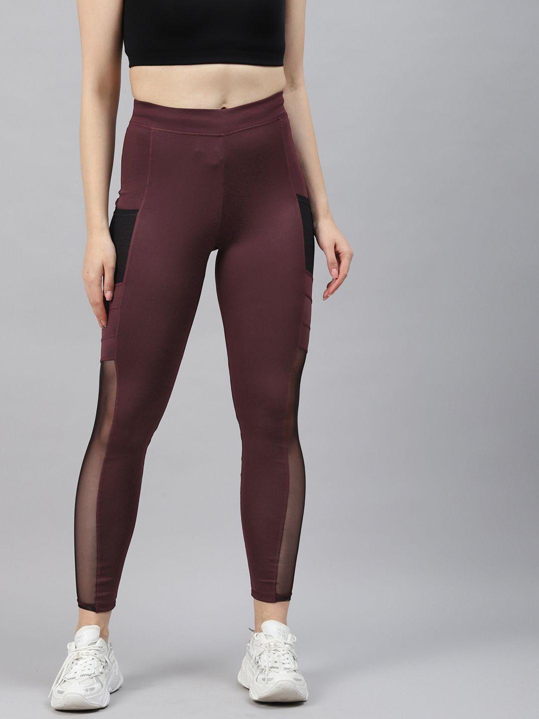 blinkin women maroon solid mesh paneled gym tights